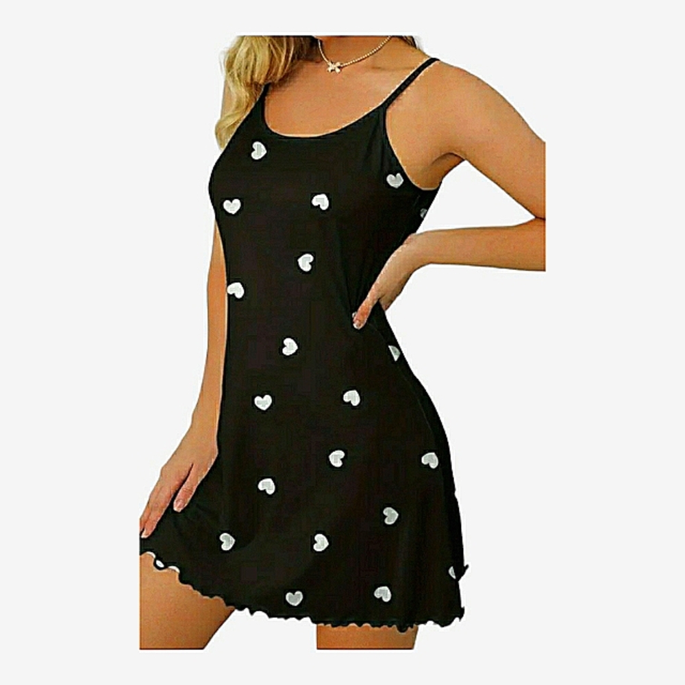 Women's One-piece Black and White Heart-print Nightdress, NWOT